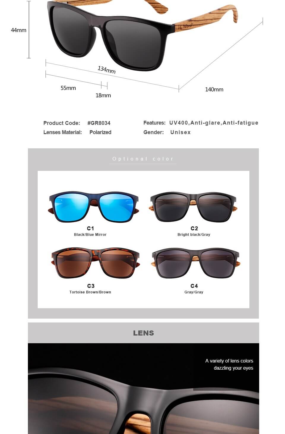 Hu gafas de sol cuadradas de madera diseño de marca UV400 para hombres gafas de sol para conducción retro gafas de sol polarizadas GR8034